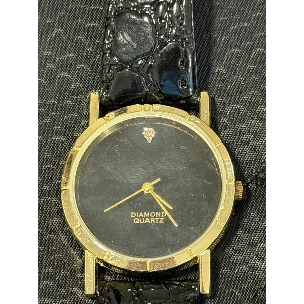 Vintage Diamond Quartz Gold Tone Watch Black Dial Japan Movt Stainless Back